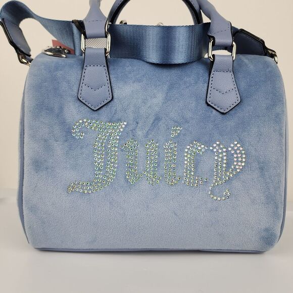 Juicy Couture Bag Obsession Satchel Slate Blue Velvet Rhinestones Purse Handbag - Picture 3 of 14